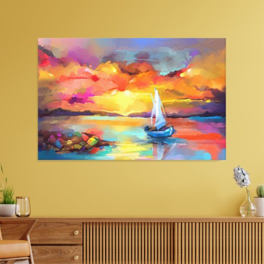 Zeilboot op het meer met zonnescherm canvas afdruk (Insitu (Woonkamer))