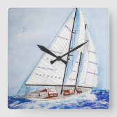 zeilboot op hoge zeeen in de waterverf vierkante klok (Voorkant)