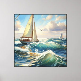 Zeilboot op oceaan golven met meeuwen canvas afdruk