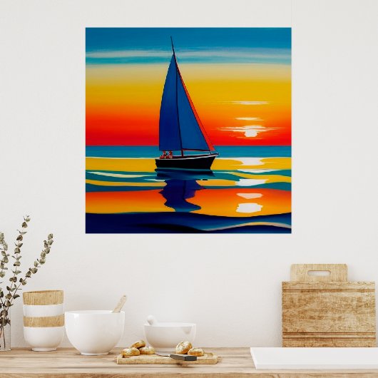 Zeilboot op rustig water tijdens een levendige zon poster (Keuken)