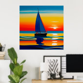 Zeilboot op rustig water tijdens een levendige zon poster (Thuiskantoor)