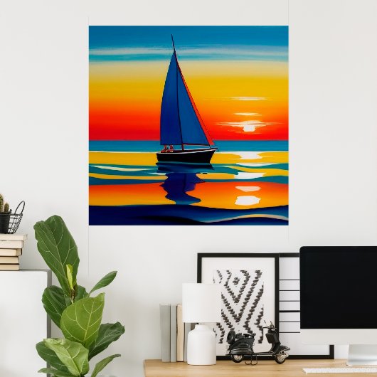 Zeilboot op rustig water tijdens een levendige zon poster (Thuiskantoor)