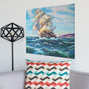 Zeilboot op ruw water en kunstschilderijen canvas afdruk