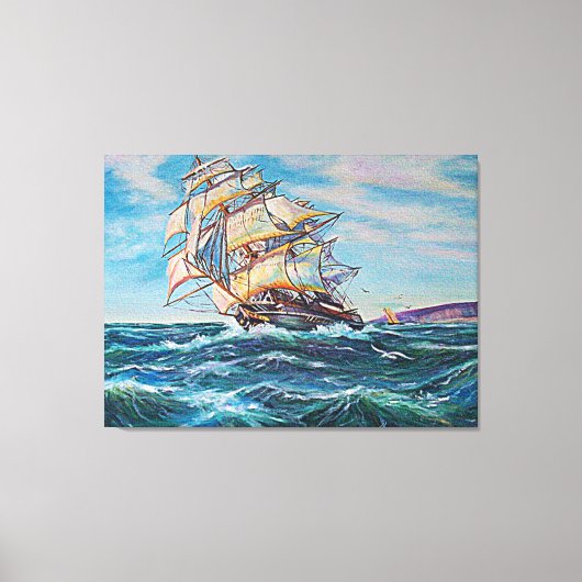 Zeilboot op ruw water en kunstschilderijen canvas afdruk (Voorkant)