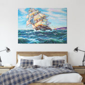 Zeilboot op ruw water en kunstschilderijen canvas afdruk (Insitu (Slaapkamer))