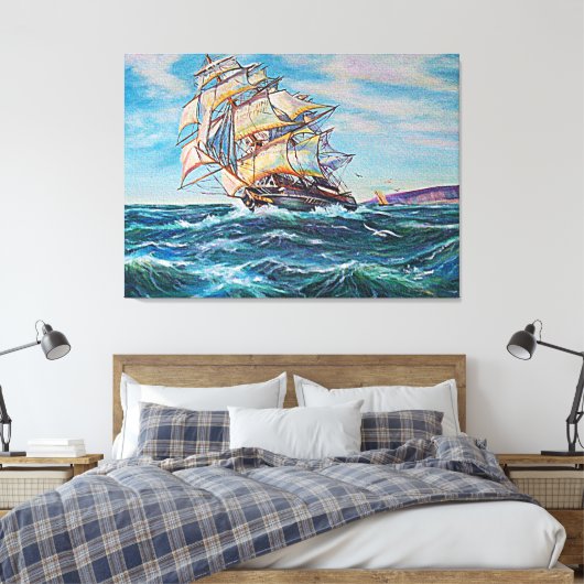 Zeilboot op ruw water en kunstschilderijen canvas afdruk (Insitu (Slaapkamer))