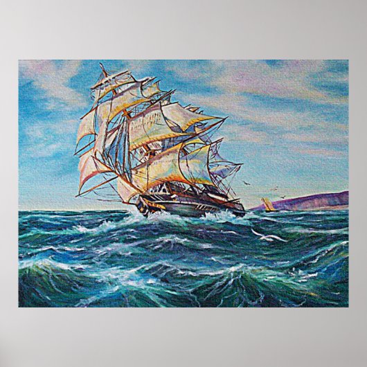 Zeilboot op Ruw Water Olie Schilderij Afbeelding P Poster (Voorkant)
