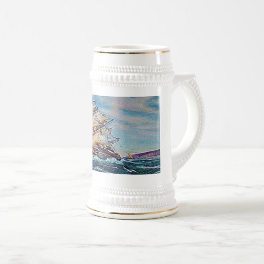 Zeilboot op ruwe waterolie bierpul (Voorkant rechts)