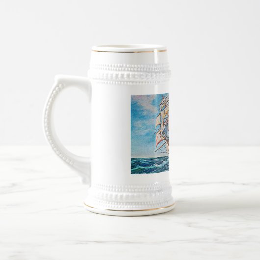 Zeilboot op ruwe waterolie bierpul (Links)