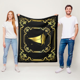 Zeilboot op zee gelooid zwart/goud/zwart fleece deken