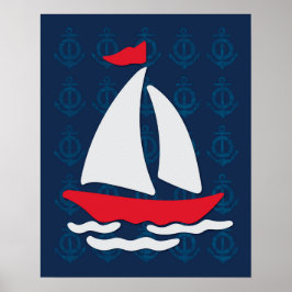 Zeilboot - Red, White en Blue Nautical Wall Art Poster