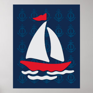 Zeilboot - Red, White en Blue Nautical Wall Art Poster