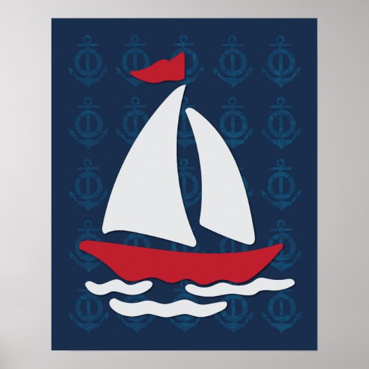 Zeilboot - Red, White en Blue Nautical Wall Art Poster (Voorkant)