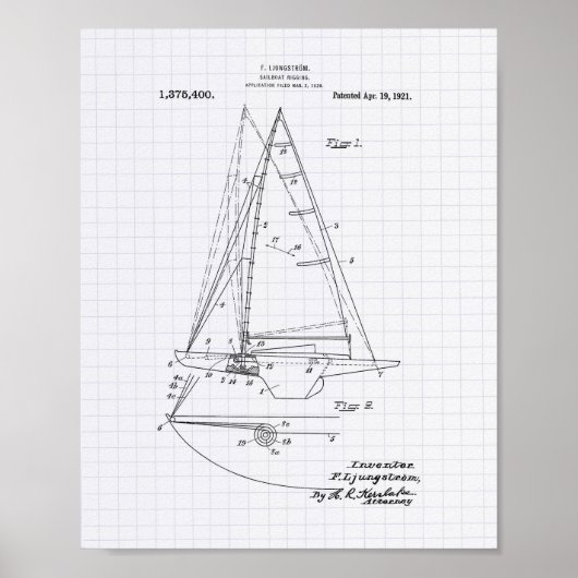 Zeilboot Rigging 1921 Patent Art - Lined Peper Poster (Voorkant)