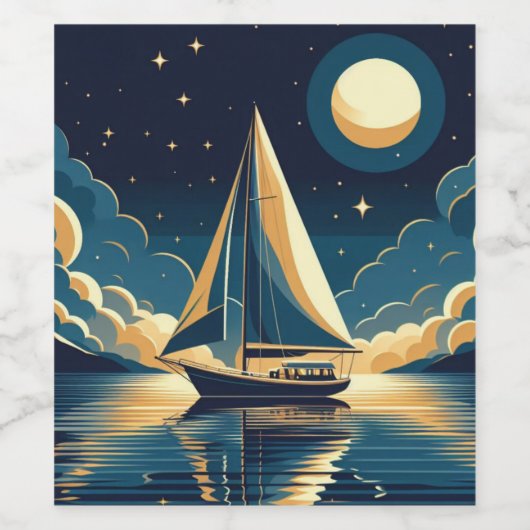 Zeilboot 's nachts wijn etiket (Enkel label)