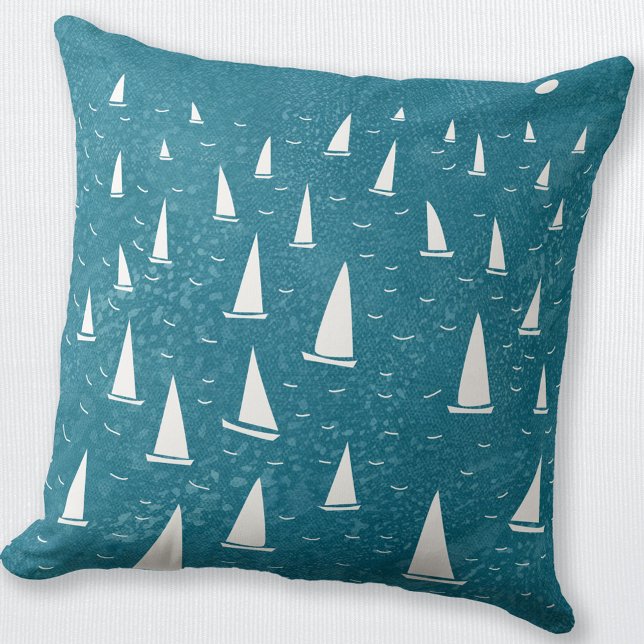 Zeilboot Seascape Kussen (Sailing boat regatta nautical teal throw pillow)