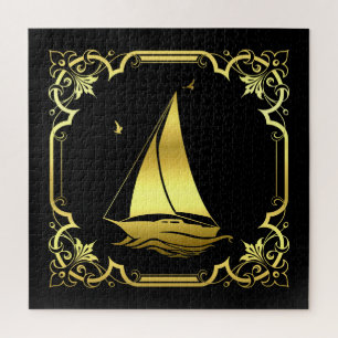Zeilboot silhouet/goud/zwart/zwart legpuzzel