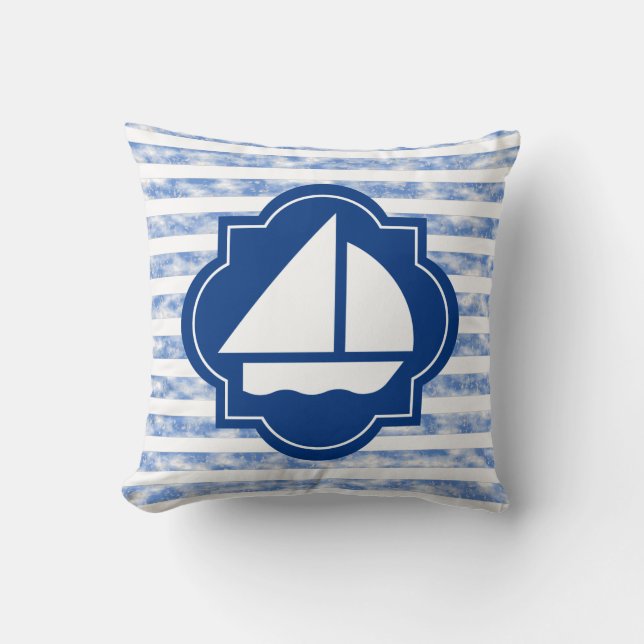 Zeilboot Silhouet Met Scheepsbouw Blauwe Strepen Kussen (Voorkant)