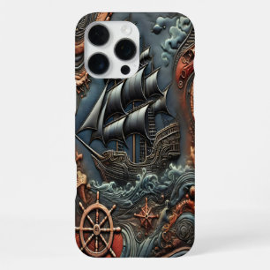 Zeilboot Snijwerk Met Golven en Scheepvaart Elemen iPhone 16 Pro Max Hoesje