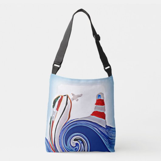 Zeilboot Stormy Zeeen, Vuurtoren Nautische Kunst Crossbody Tas (Voorkant)