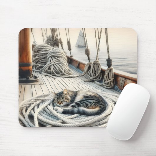 Zeilboot Tabby Kat Slapen Op Touwen Muismat (Met muis)