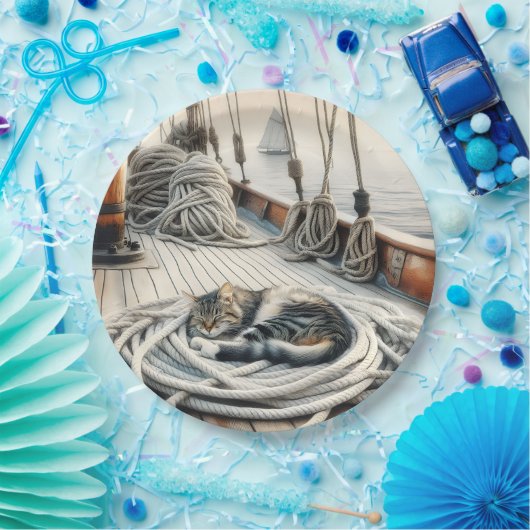 Zeilboot Tabby Kat Slapen Op Touwen Papieren Bordje (Feest)
