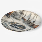 Zeilboot Tabby Kat Slapen Op Touwen Papieren Bordje (Gekanteld)