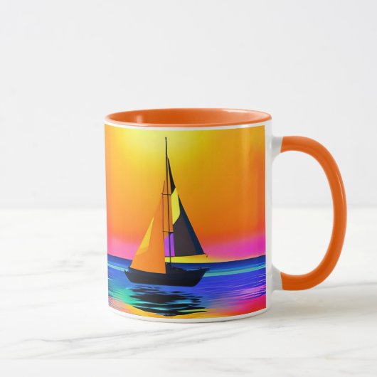 Zeilboot tegen een levendige oceaan zonsondergang mok (Rechts)