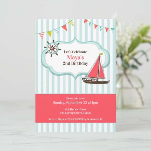 Zeilboot Verjaardagsfeest Platte Uitnodiging (Staand voorkant)
