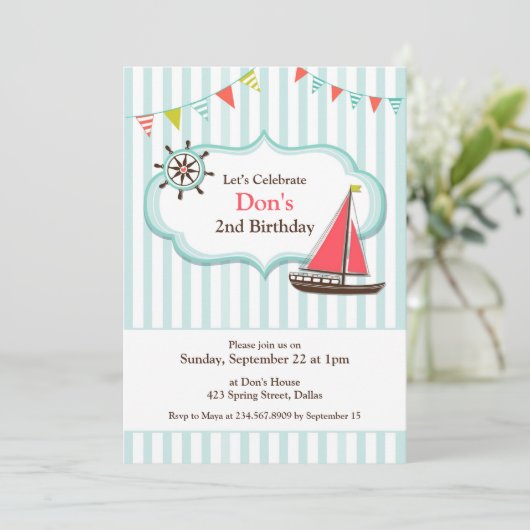 Zeilboot Verjaardagsfeest Platte Uitnodiging (Staand voorkant)