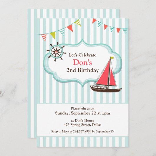 Zeilboot Verjaardagsfeest Platte Uitnodiging (Voorkant / Achterkant)