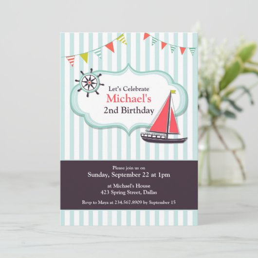 Zeilboot Verjaardagsfeest Platte Uitnodiging (Staand voorkant)