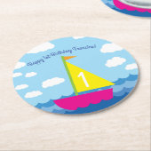 Zeilboot verjaardagsfeestje ronde kartonnen onderzetter (Gebogen)
