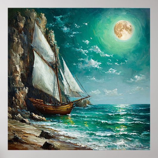 Zeilboot voor anker nabij rotsachtige kliffen poster (Voorkant)