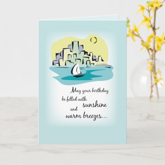 Zeilboot voor de stad, Birthday Kaart (Gele Bloem)