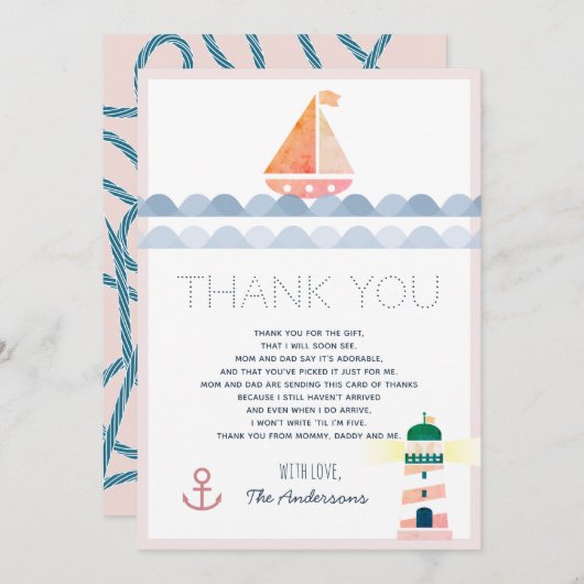 Zeilboot & Vuurtoren Roze Baby Shower Bedankt Kaart (Voorkant / Achterkant)