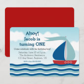 Zeilboot & water, Nautical Boy Birthday Uitnodigin Kaart (Voorkant / Achterkant)