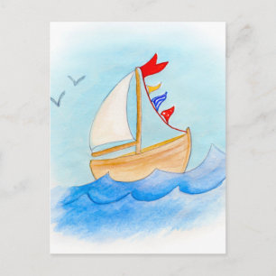 Zeilboot whimsical waterverf briefkaart