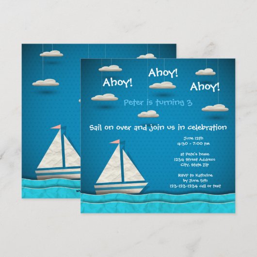Zeilboot & Wolken - Uitnodiging voor verjaardag (Voorkant / Achterkant)