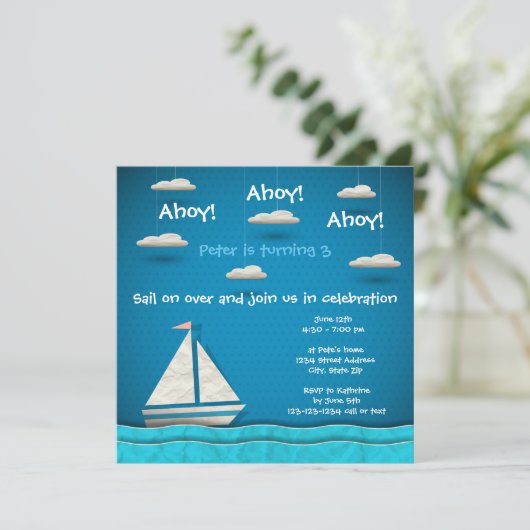 Zeilboot & Wolken - Uitnodiging voor verjaardag (Staand voorkant)