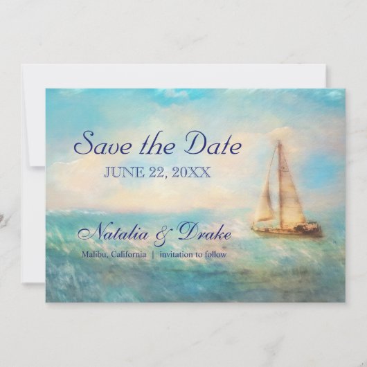 Zeilboot Zee | Nautische Waterverf bruiloft Save The Date (Voorkant)