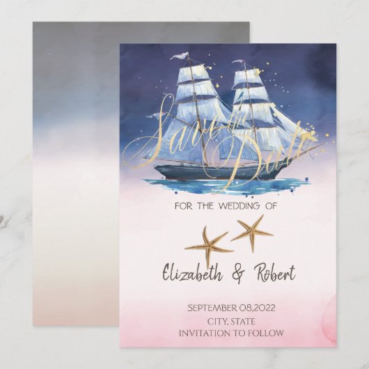 Zeilboot Zee sterren Bewaar de datum Save The Date (Voorkant / Achterkant)