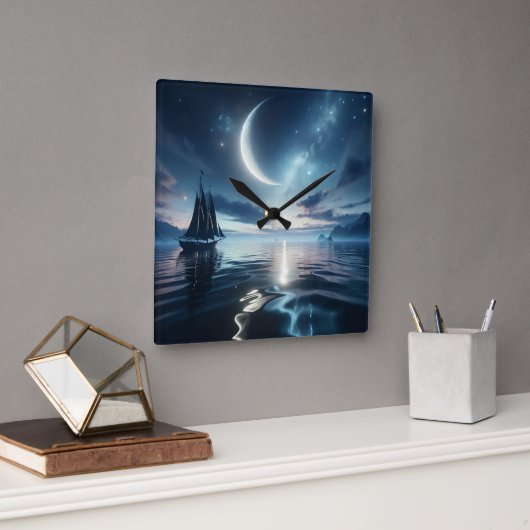 Zeilboot Zeilen op Moonlit Water Vierkante Klok (Kantoor)