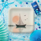 Zeilboot zonsondergang met meeuwen papieren bordje (Feest)