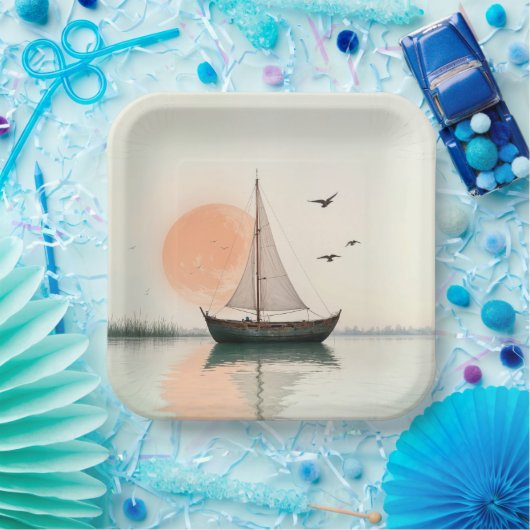 Zeilboot zonsondergang met meeuwen papieren bordje (Feest)