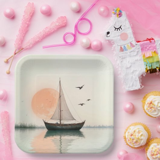 Zeilboot zonsondergang met meeuwen papieren bordje (Feest)