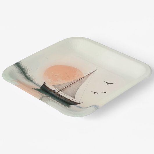 Zeilboot zonsondergang met meeuwen papieren bordje (Gebogen)