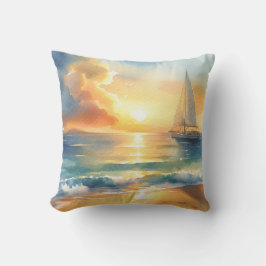 Zeilboot Zonsondergang Oceaan Aquarellen Kussen