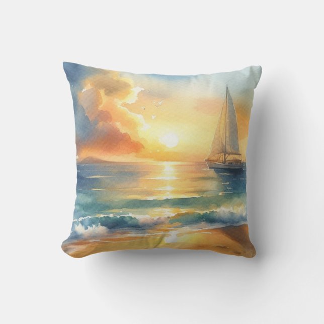 Zeilboot Zonsondergang Oceaan Aquarellen Kussen (Voorkant)