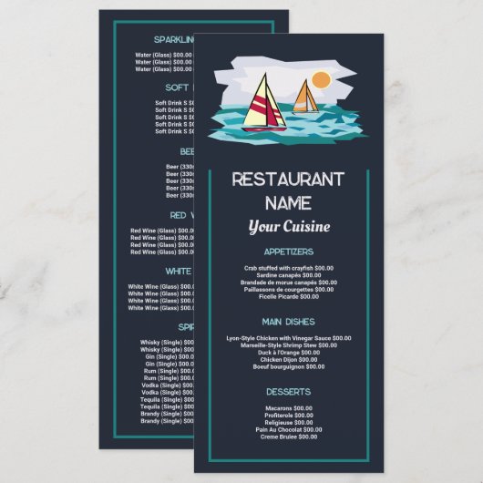 Zeilboot Zonsopgang, Restaurant Slimline Menu (Voorkant / Achterkant)